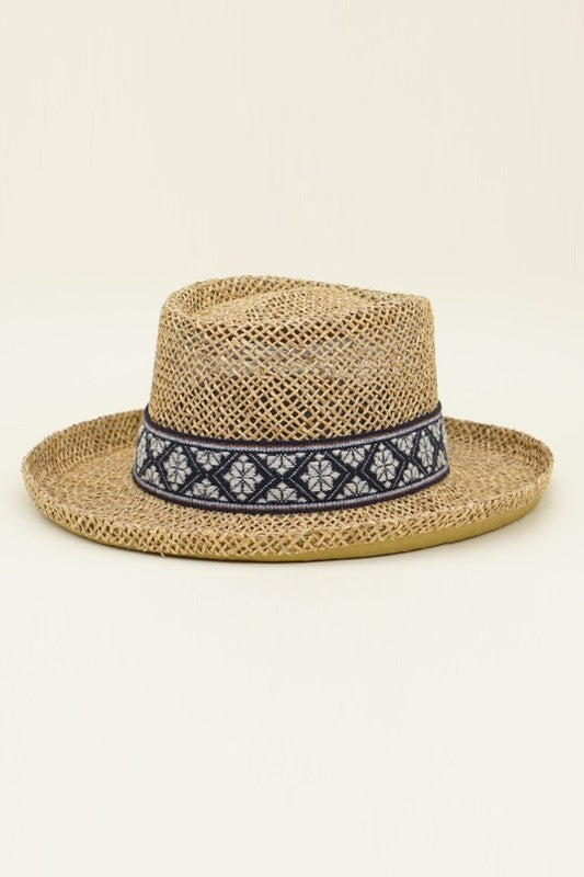 Open weaved seagrass gambler hat with a jacquard band detail