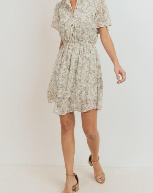 Floral Print Button Down Short Sleeve Dress