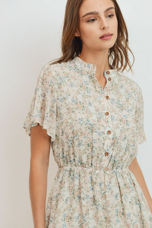 Floral Print Button Down Short Sleeve Dress