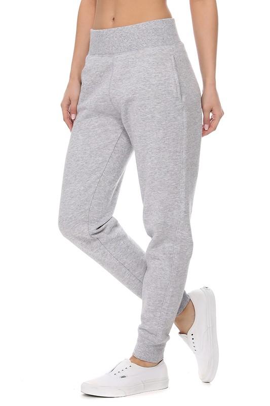 Wide Elastic Waistband Fleece Joggers-Light Heather Grey