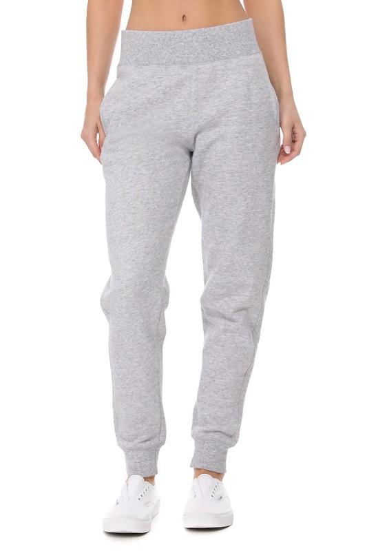 Wide Elastic Waistband Fleece Joggers-Light Heather Grey