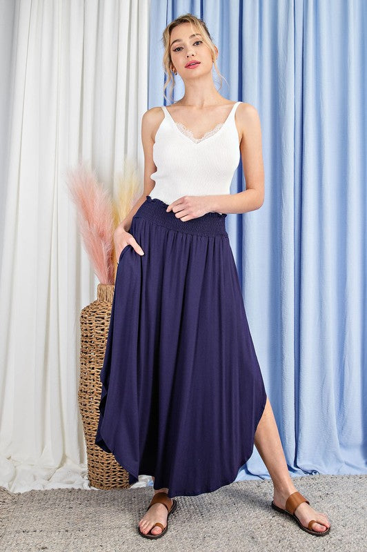 Smocked Maxi Skirt-Navy