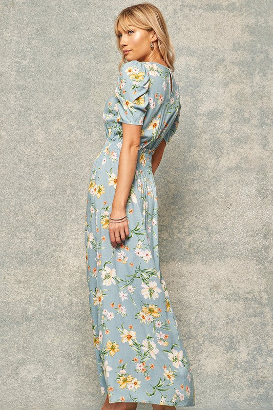 Floral-Print Puff-Sleeve Maxi Dress With Side Slits