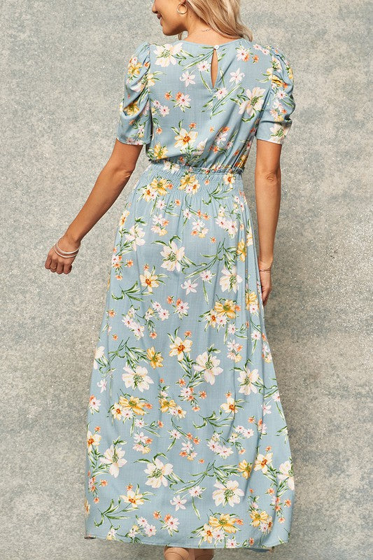 Floral-Print Puff-Sleeve Maxi Dress With Side Slits