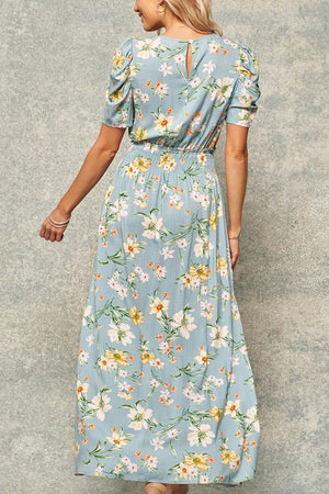 Floral-Print Puff-Sleeve Maxi Dress With Side Slits