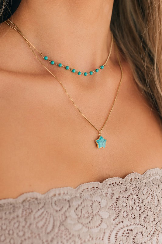 Beaded Turquoise Layered Gold Star Necklace