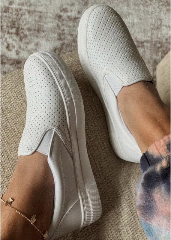 The Victoria Slip On Perforated  Platform White Sneakers