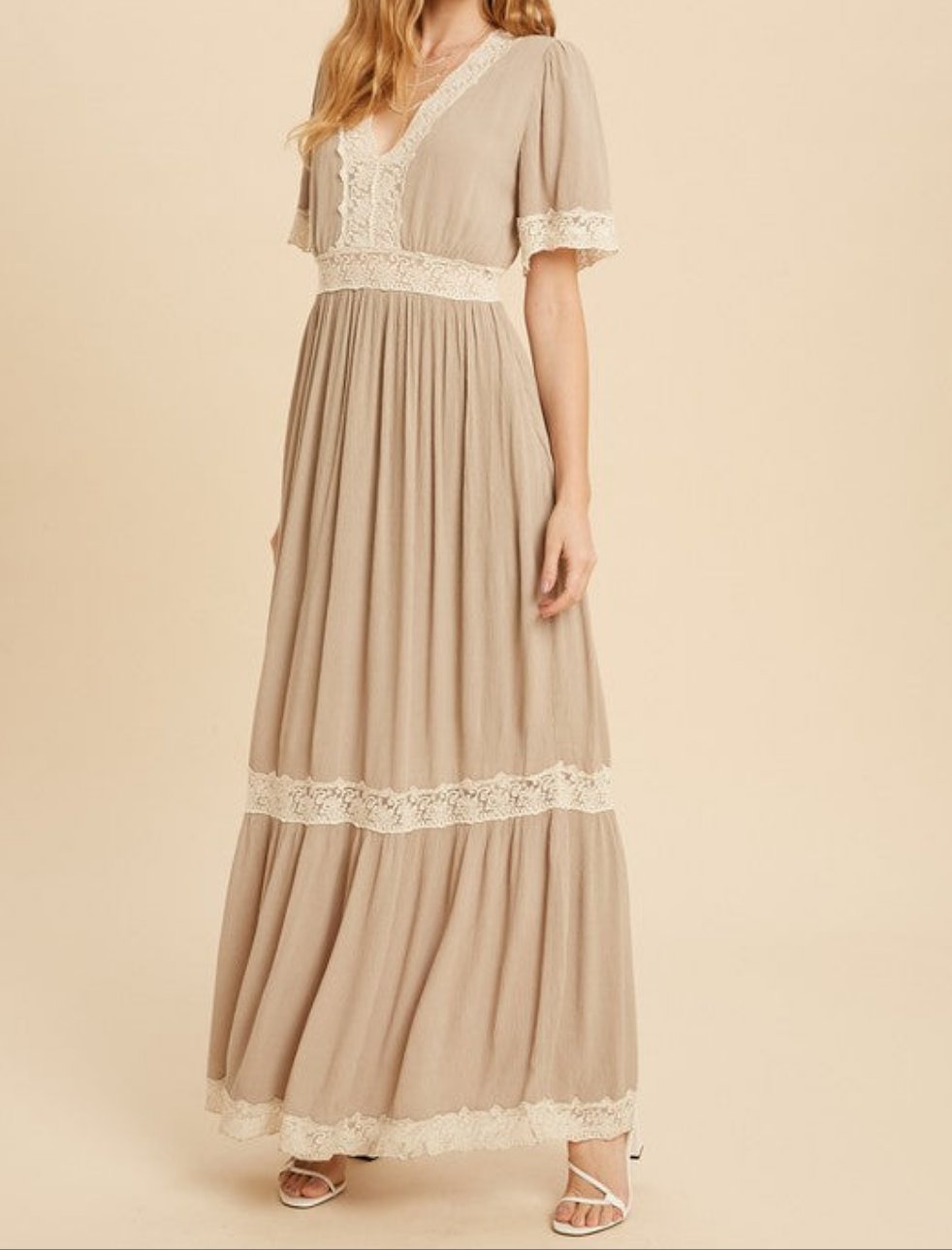 taupe lace long dress ECB Exclusive: Layla Lace Maxi Dress, Taupe Small