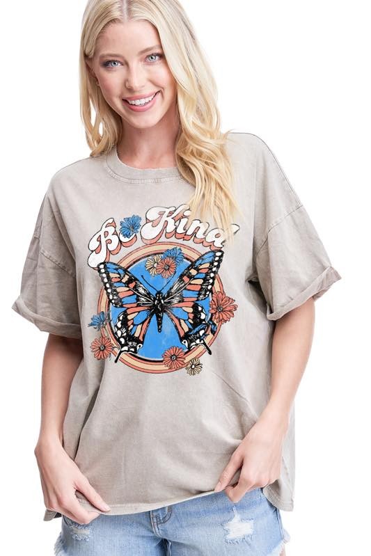OVERSIZED Be Kind Butterfly Taupe Mineral Wash Graphic Tee