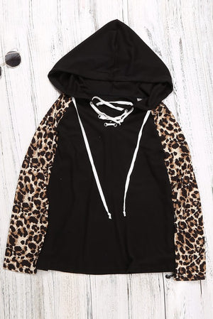 Lace Up Leopard Long Sleeve Hoodie Top S-XL