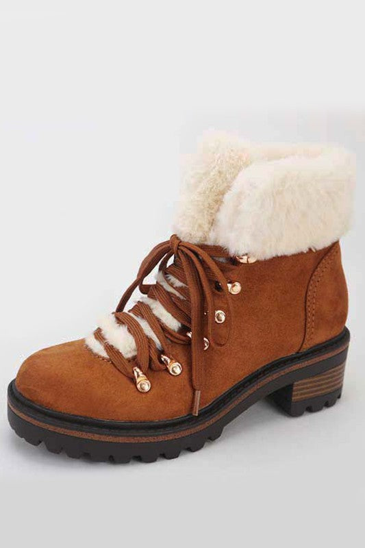 Faux Fur Combat Boot-Camel