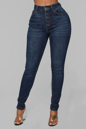 High Rise Button Fly Skinny Dark Wash Jeans