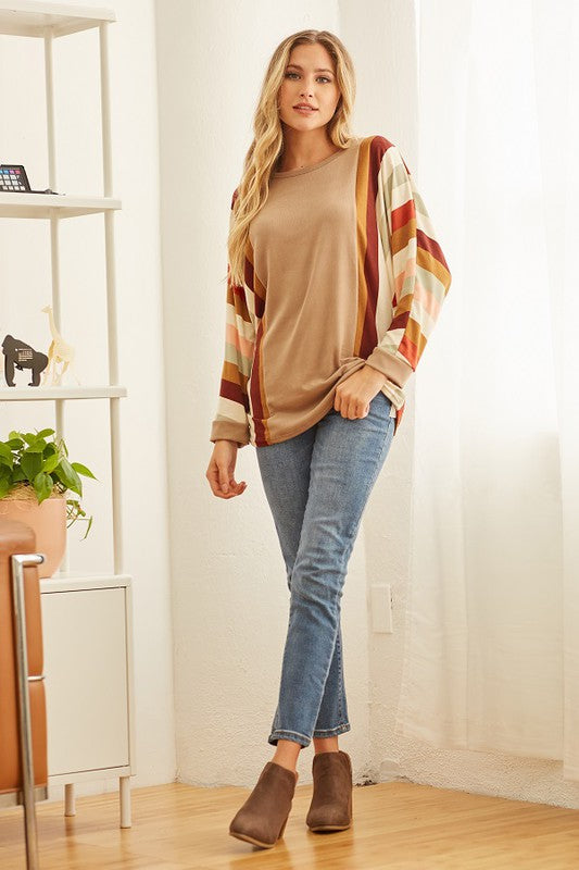 Super Soft Weekend Hacci Stripe Arm Detail Sweater Top S-XL