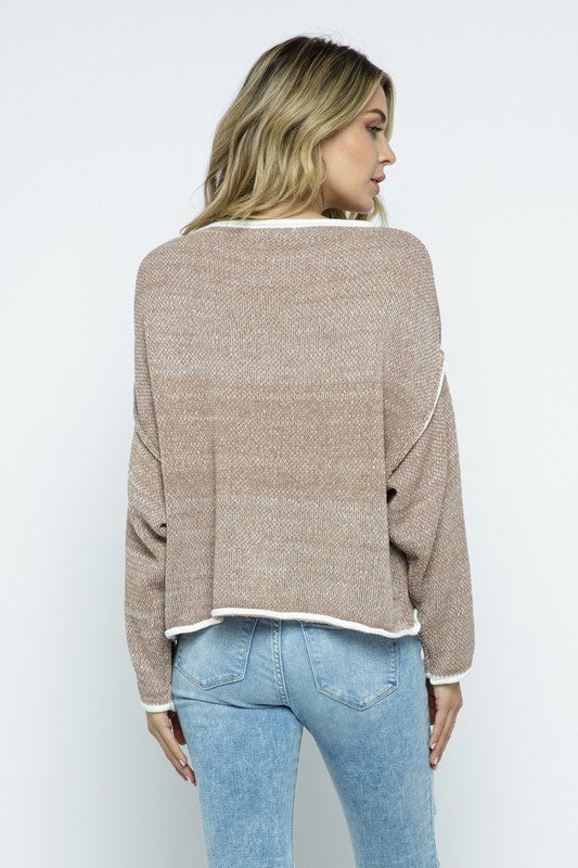 Long Sleeve Two Tone Knit Boxy Fit Crop Sweater Top