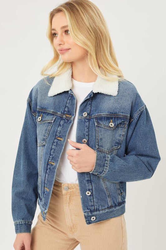 Faux Sherpa Lined Crop Cindy Denim Jacket S-XL