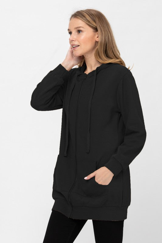 Zip Up Long Hoodie Jacket Tunic Sweatshirt Black