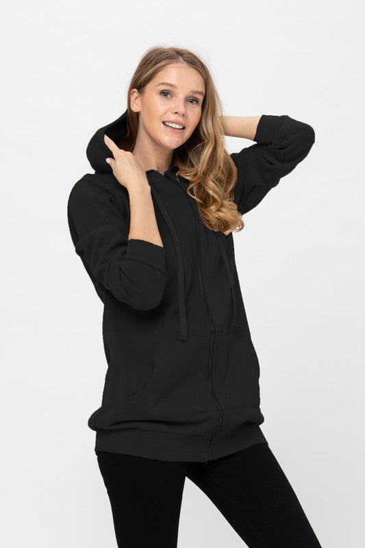 Zip Up Long Hoodie Jacket Tunic Sweatshirt Black