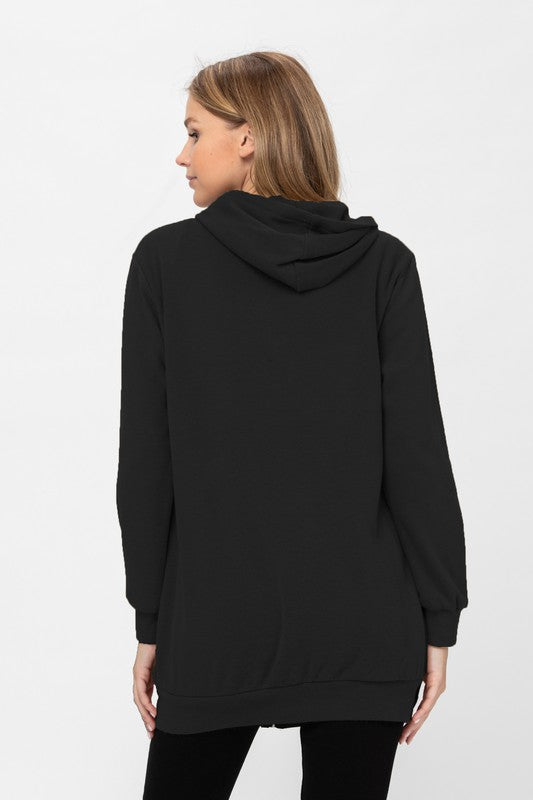 Zip Up Long Hoodie Jacket Tunic Sweatshirt Black