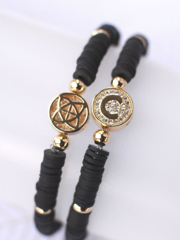 Black Heishi Bracelet With Gold Initial