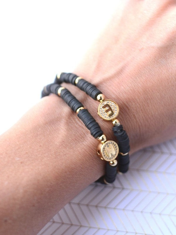 Black Heishi Bracelet With Gold Initial