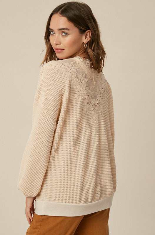 Lace Waffle Knit Top-Taupe