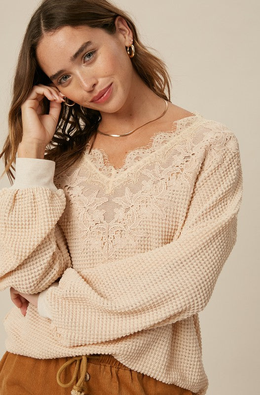 Lace Waffle Knit Top-Taupe