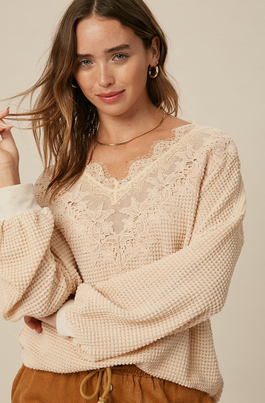 Lace Waffle Knit Top-Taupe