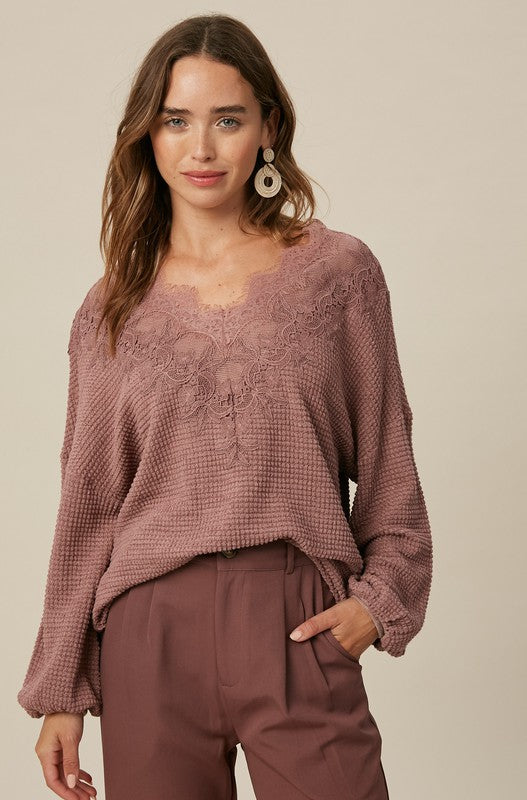 Lace Waffle Knit Top-Mauve