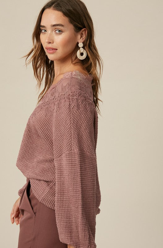 Lace Waffle Knit Top-Mauve