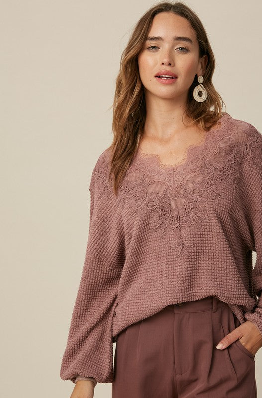 Lace Waffle Knit Top-Mauve