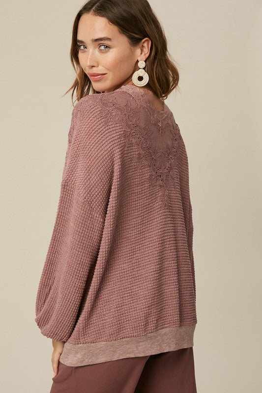 Lace Waffle Knit Top-Mauve