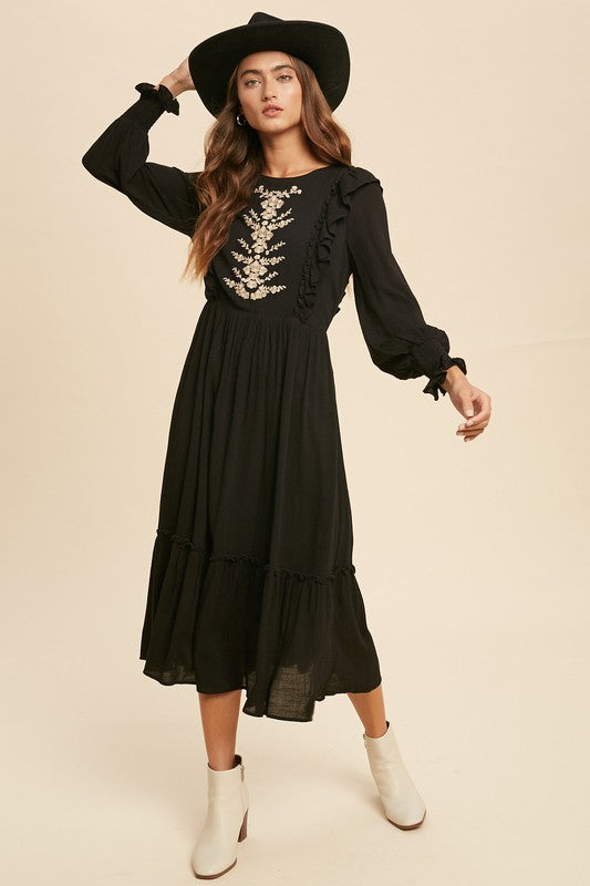 Joshua Tree Embroidered Ruffled Long Sleeve Midi Dress