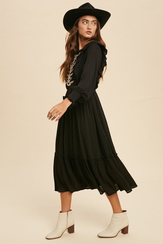 Joshua Tree Embroidered Ruffled Long Sleeve Midi Dress