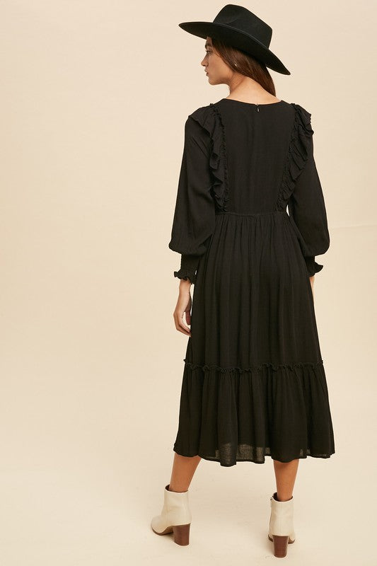 Joshua Tree Embroidered Ruffled Long Sleeve Midi Dress