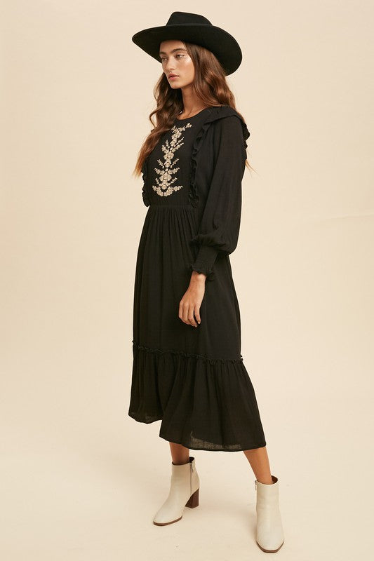 Joshua Tree Embroidered Ruffled Long Sleeve Midi Dress