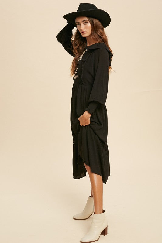 Joshua Tree Embroidered Ruffled Long Sleeve Midi Dress