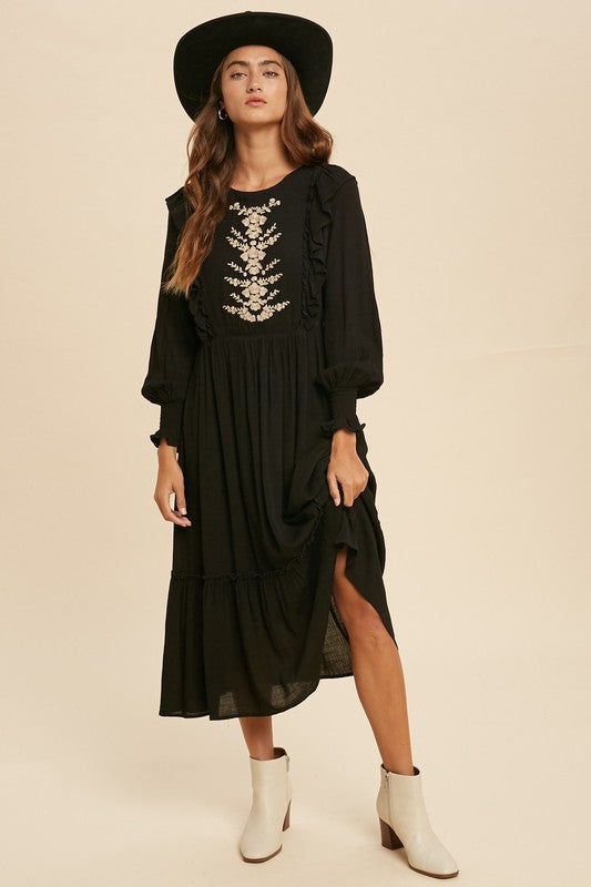 Joshua Tree Embroidered Ruffled Long Sleeve Midi Dress