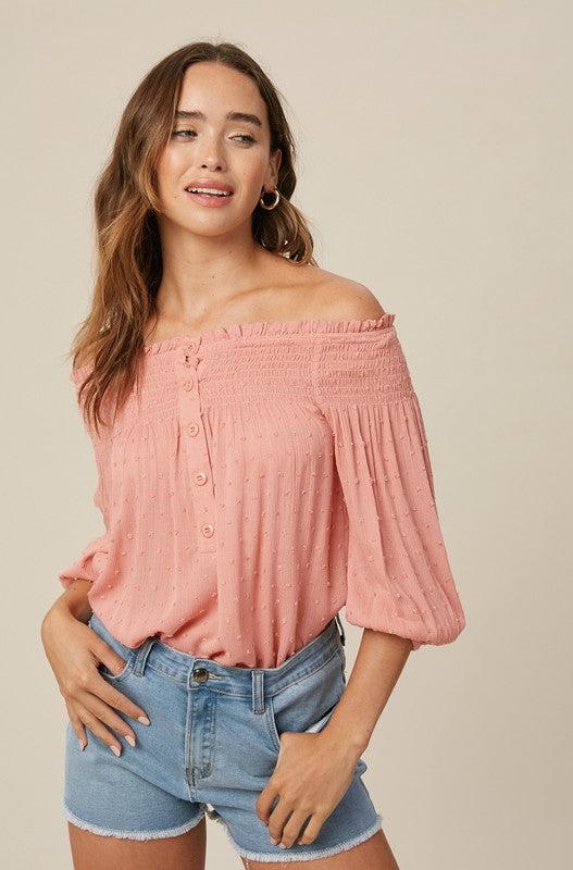 SWISS DOT TEXTURED SMOCKING OFF SHOULDER TOP