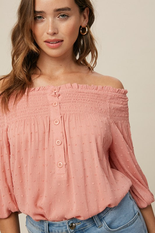 SWISS DOT TEXTURED SMOCKING OFF SHOULDER TOP