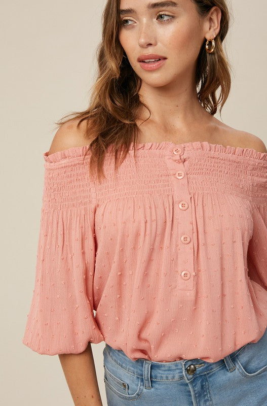 SWISS DOT TEXTURED SMOCKING OFF SHOULDER TOP