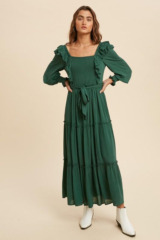 Tiered Smocked Ruffled Square Neck Dress-Green