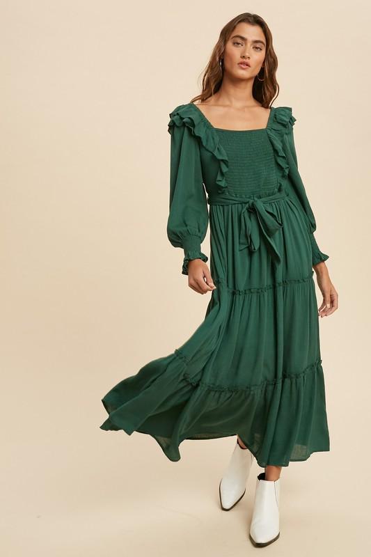 Tiered Smocked Ruffled Square Neck Dress-Green