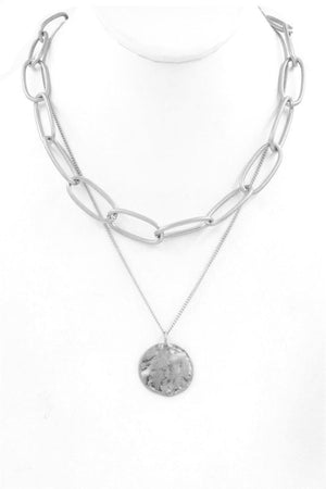 Silver Hammered Pendant Layered Large Link Necklace