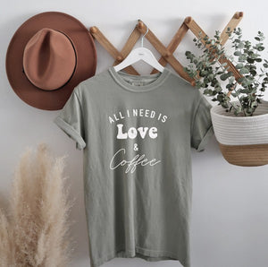 ALL I NEED IS LOVE AND COFFEE VINTAGE GRAPHIC TEE S-XL