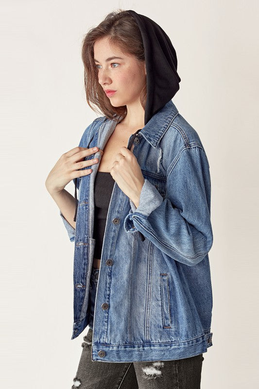 DISTRESSED JACKET WITH DETACHABLE HOODIE