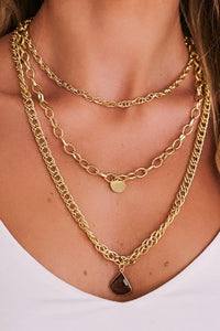 Herringbone Layered Chain Stone Charm Necklace