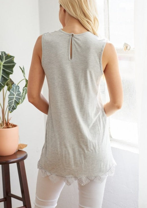 Embroidery Lace Trim Lace Grey Tank Top S-XL