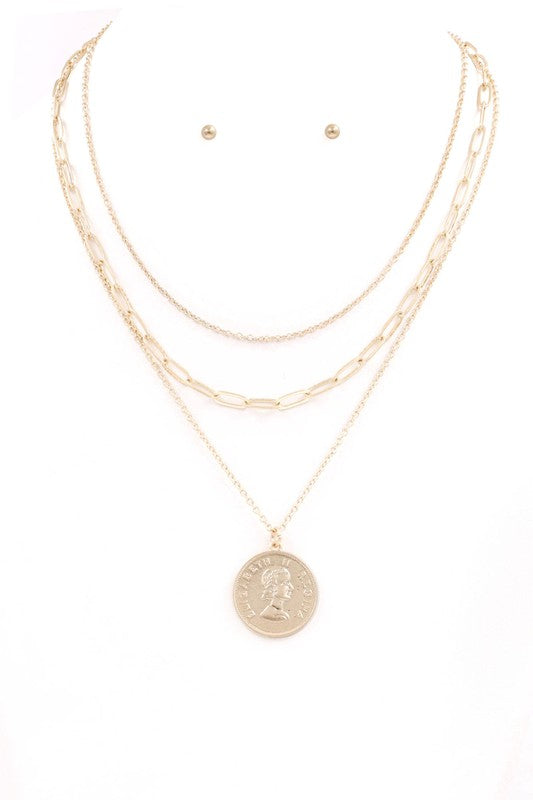 Layered Coin Necklace With  Earrings