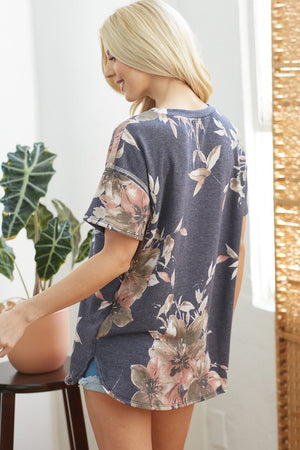 Oversized French Terry Floral TOP-NAVY