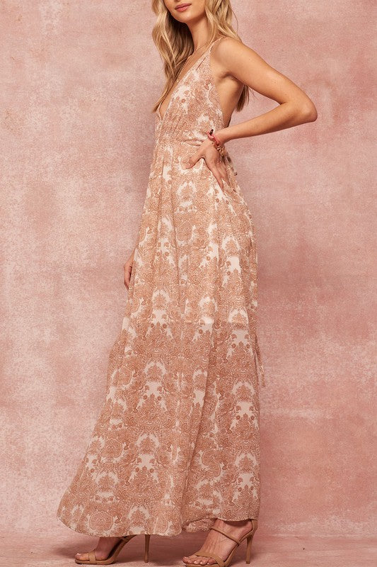 Ornate Floral Chiffon Open-Back Halter Maxi Dress